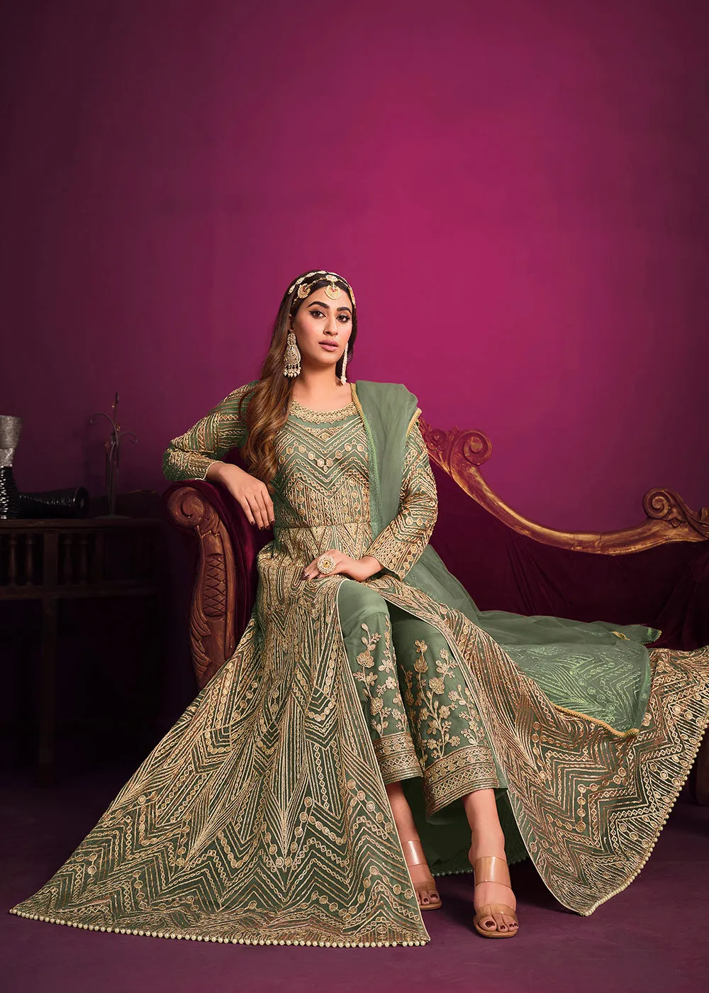 Net Elegant Green Floor Length Sangeet Wear Anarkali Suit