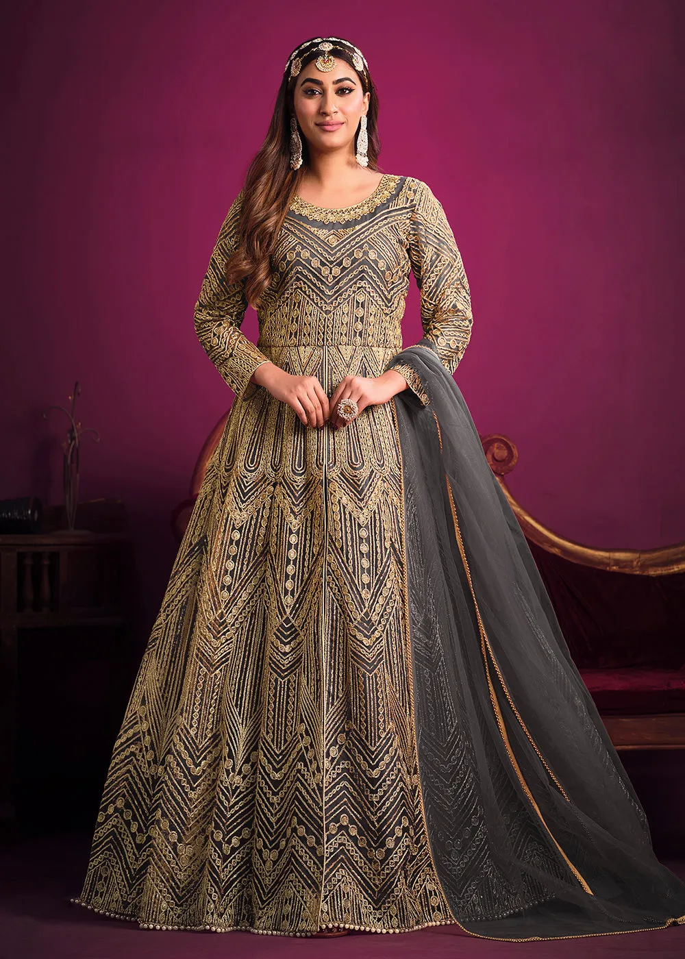 Net Elegant Grey Floor Length Sangeet Wear Anarkali Suit