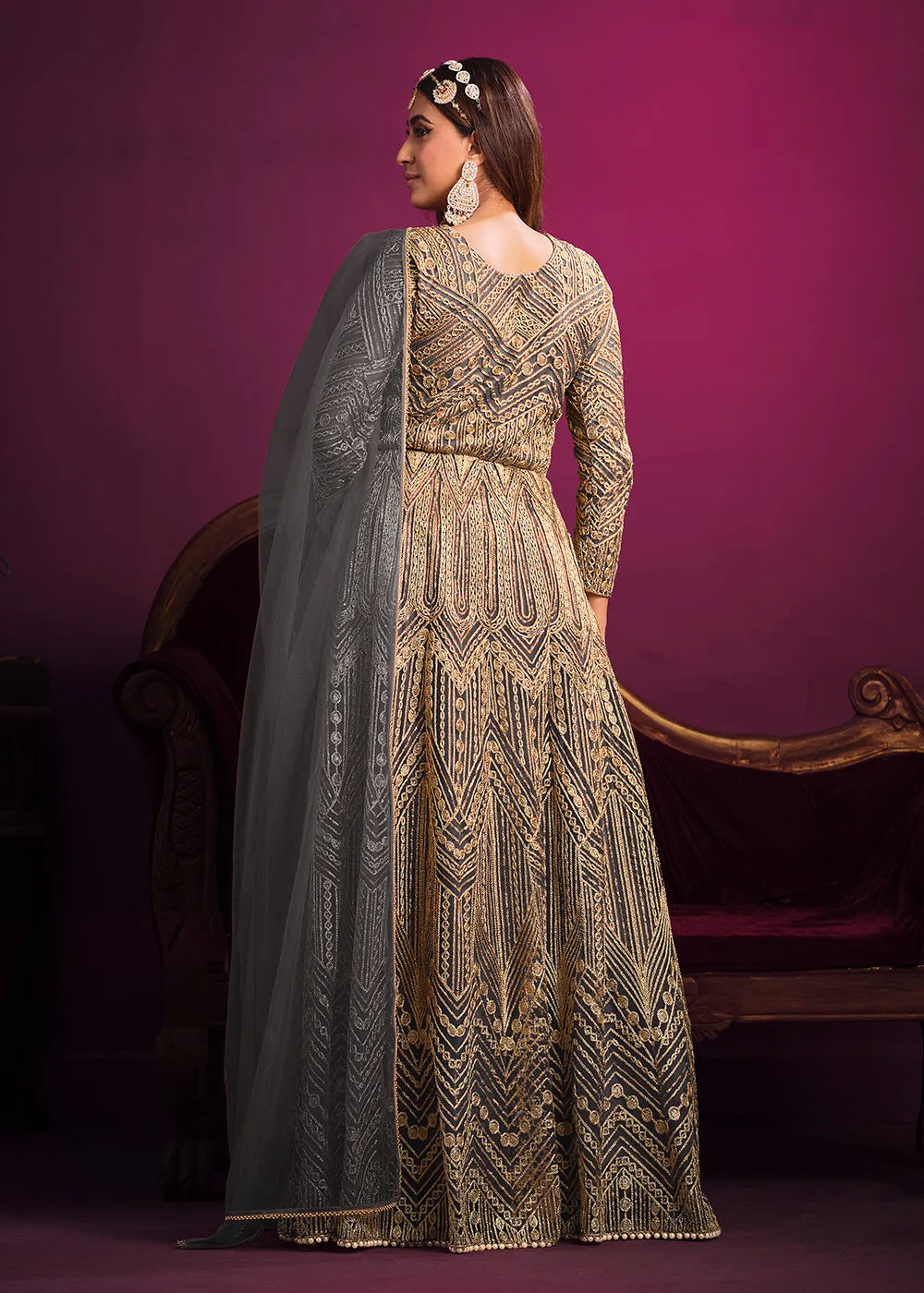 Net Elegant Grey Floor Length Sangeet Wear Anarkali Suit