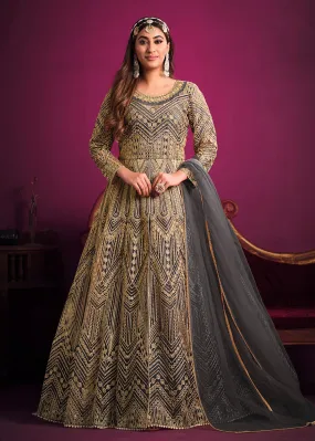 Net Elegant Grey Floor Length Sangeet Wear Anarkali Suit