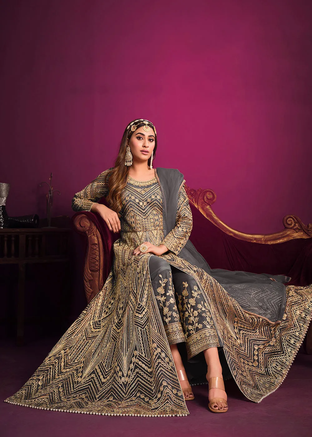 Net Elegant Grey Floor Length Sangeet Wear Anarkali Suit