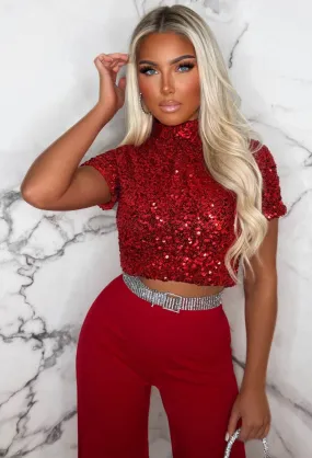 Oh She Bad Red Sequin Crop Top