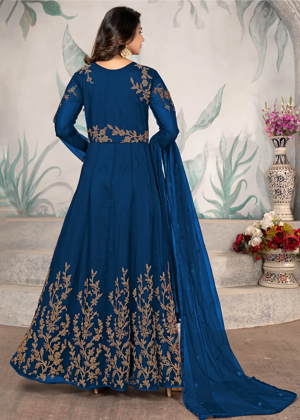 Party Style Blue Floral Zari Thread Embroidered Anarkali Suit