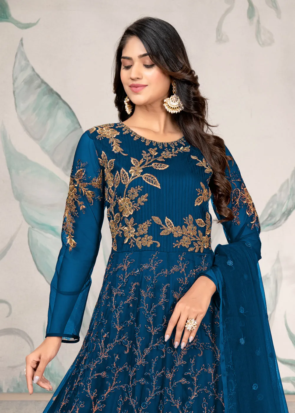 Party Style Blue Floral Zari Thread Embroidered Anarkali Suit