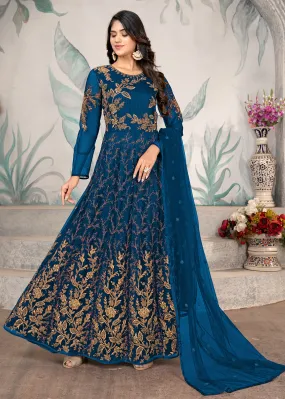 Party Style Blue Floral Zari Thread Embroidered Anarkali Suit
