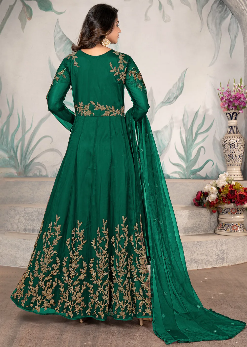Party Style Green Floral Zari Thread Embroidered Anarkali Suit
