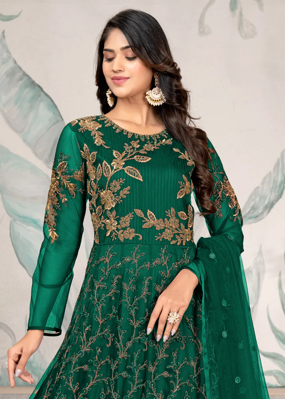 Party Style Green Floral Zari Thread Embroidered Anarkali Suit