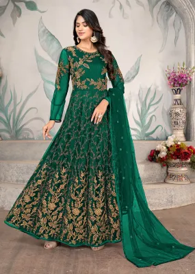 Party Style Green Floral Zari Thread Embroidered Anarkali Suit
