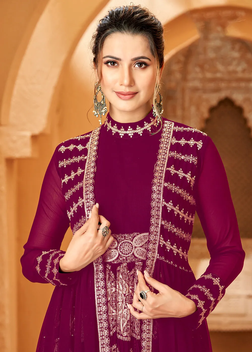 Party Wear Mesmeric Magenta Plum Jacket Style Anarkali Dress