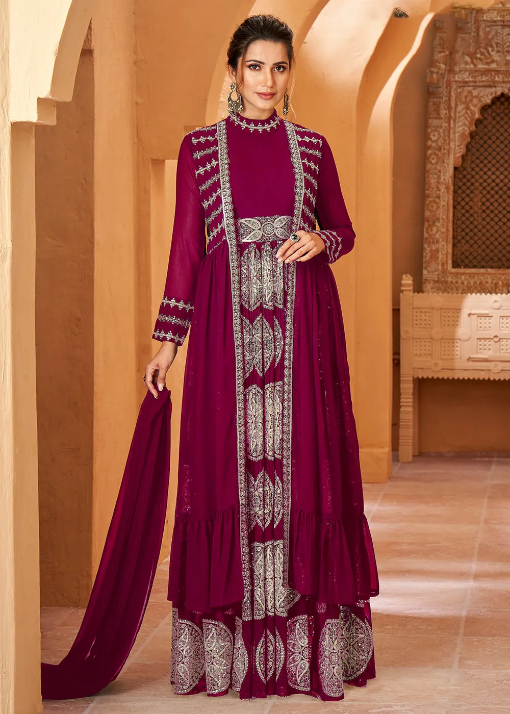 Party Wear Mesmeric Magenta Plum Jacket Style Anarkali Dress