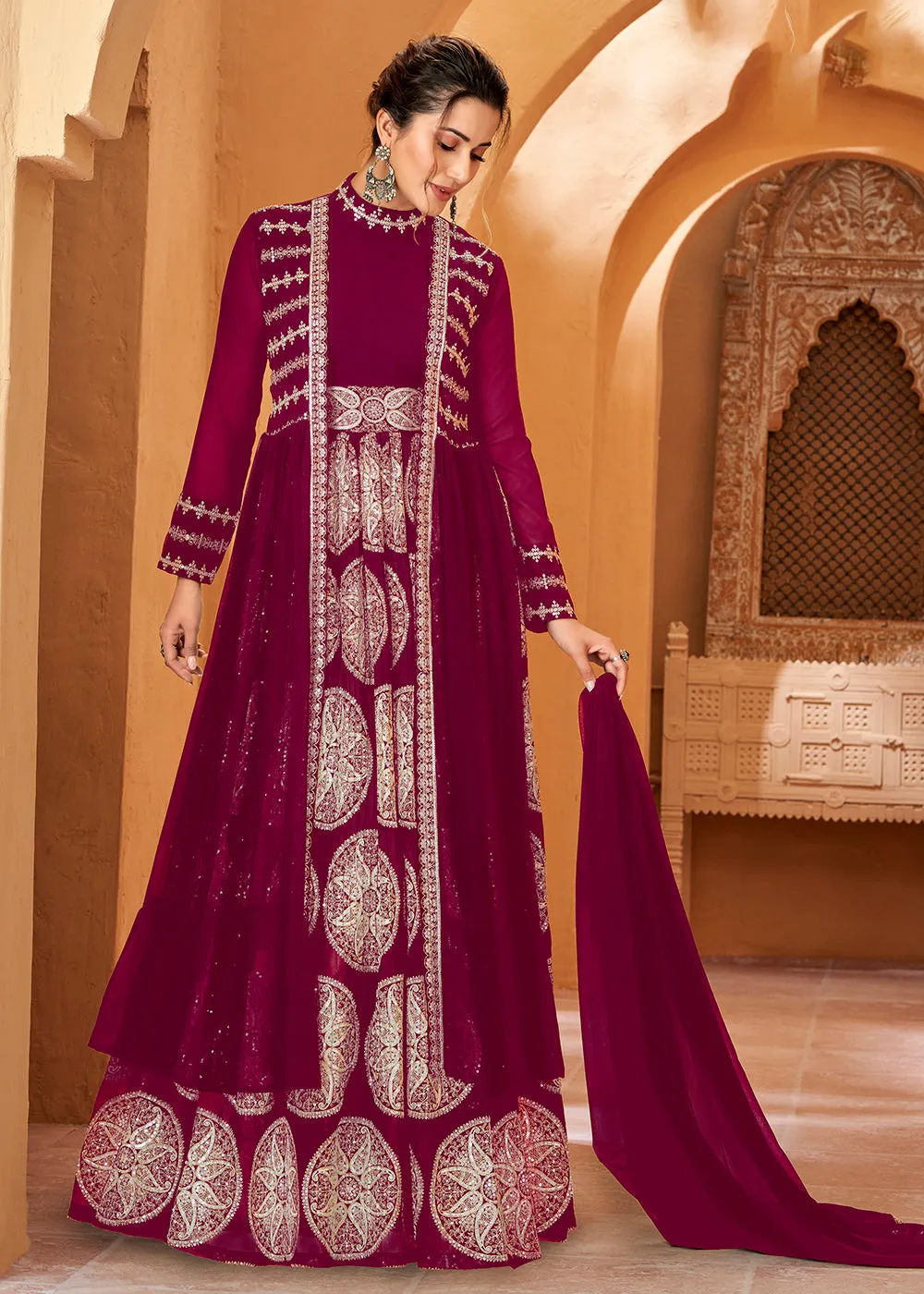 Party Wear Mesmeric Magenta Plum Jacket Style Anarkali Dress