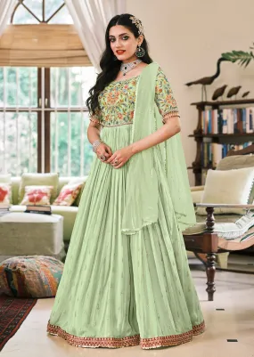 Pastel Green Designer Motifs Embellished Georgette Anarkali Suit