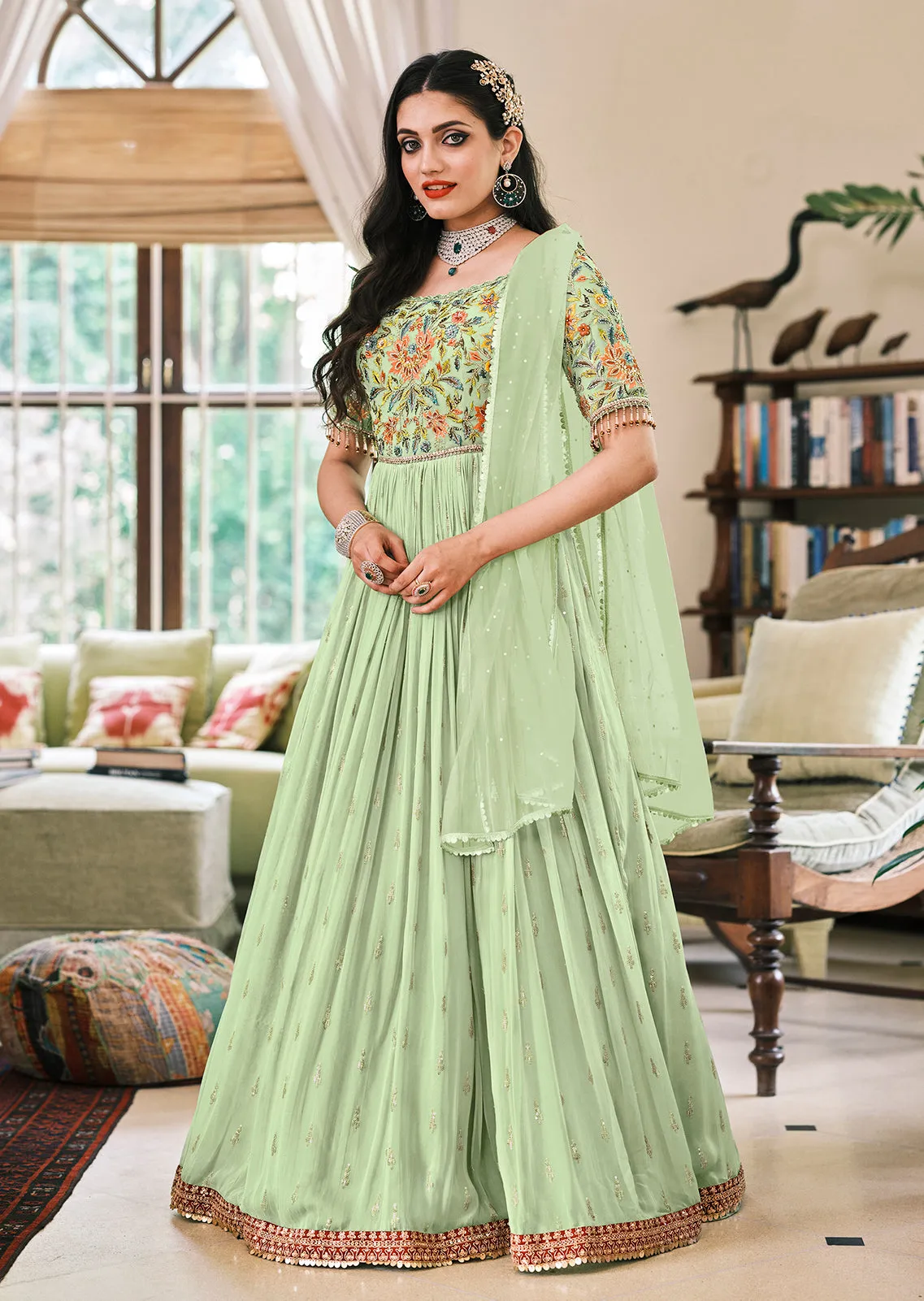 Pastel Green Designer Motifs Embellished Georgette Anarkali Suit