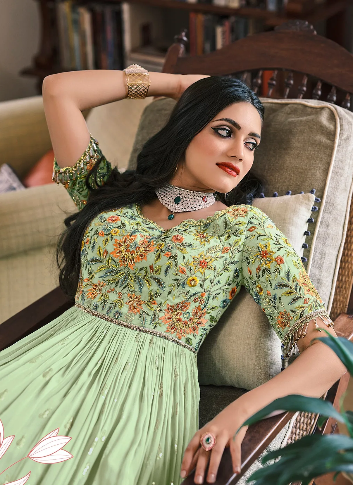Pastel Green Designer Motifs Embellished Georgette Anarkali Suit