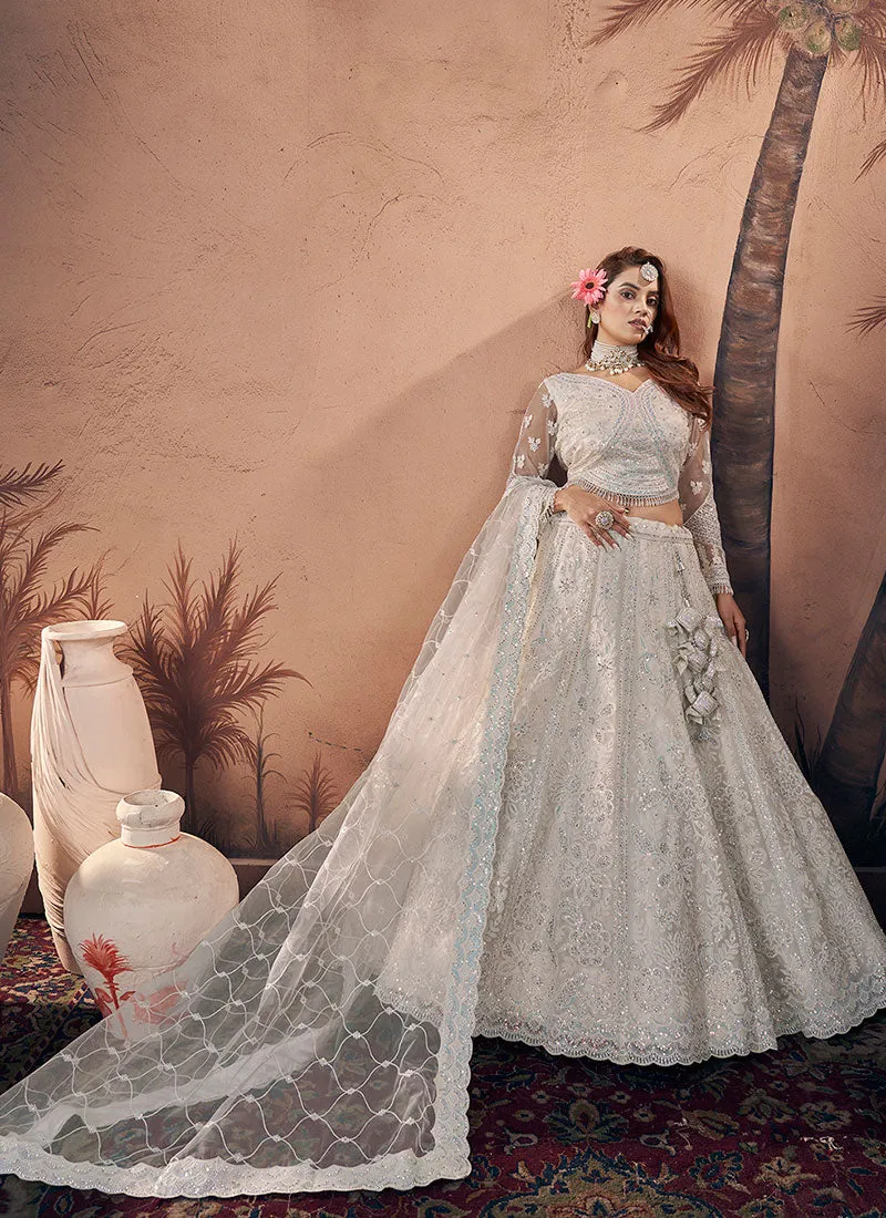 Pearl White Sequence Embroidery Wedding Lehenga Choli And Dupatta