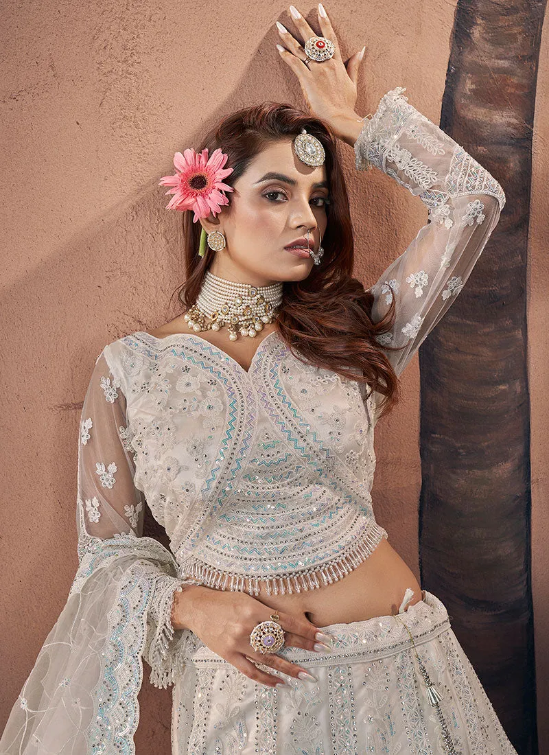 Pearl White Sequence Embroidery Wedding Lehenga Choli And Dupatta