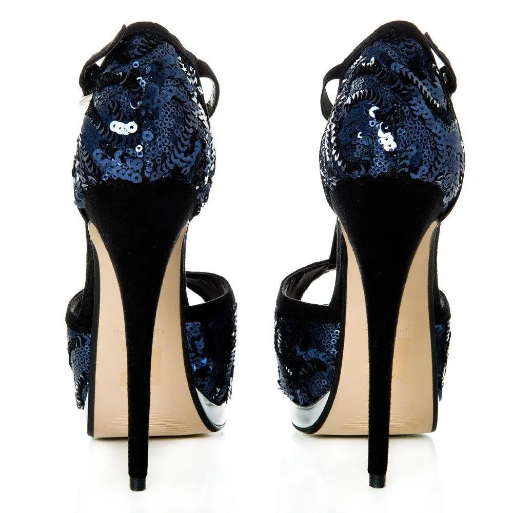 Perm Concealed Platform Peep Toe T-Bar Stiletto High Heel Sequin Shoe