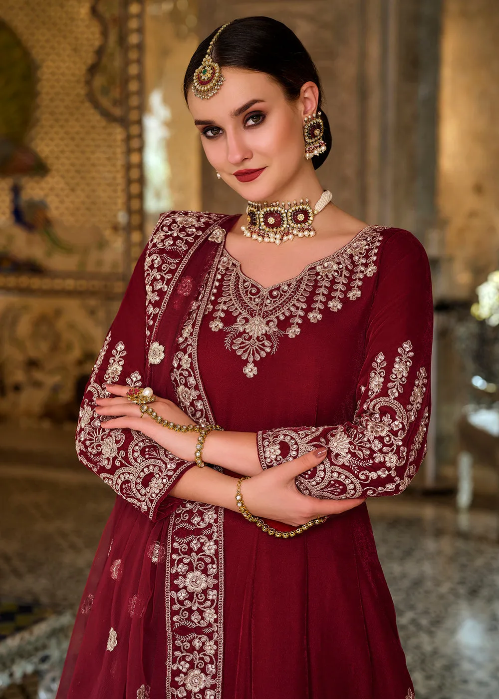 Phenomenal Maroon Sequins Embroidered Trendy Velvet Anarkali