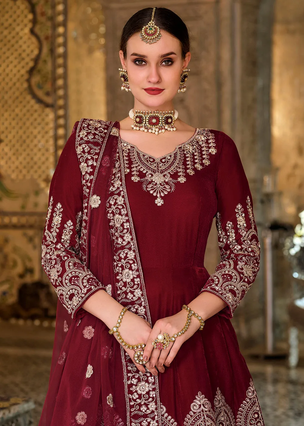 Phenomenal Maroon Sequins Embroidered Trendy Velvet Anarkali
