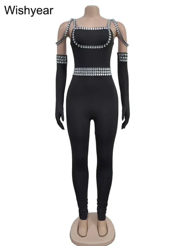 Pleasures and Sins Sexy Backless Rhinestone Jumpsuit with Gloves