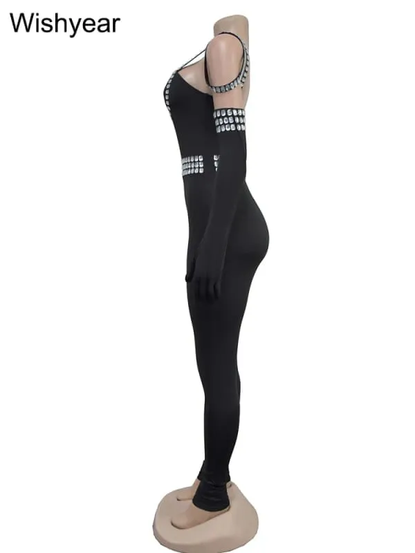 Pleasures and Sins Sexy Backless Rhinestone Jumpsuit with Gloves
