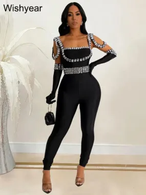 Pleasures and Sins Sexy Backless Rhinestone Jumpsuit with Gloves
