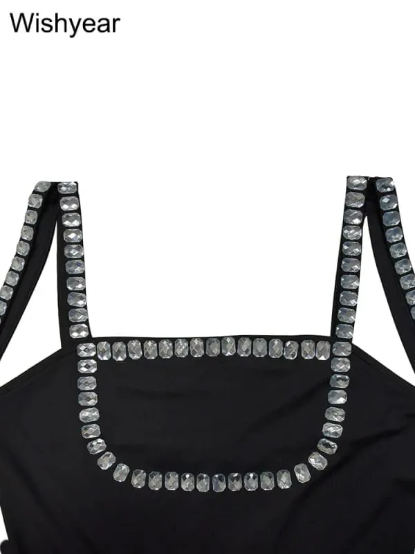Pleasures and Sins Sexy Backless Rhinestone Jumpsuit with Gloves