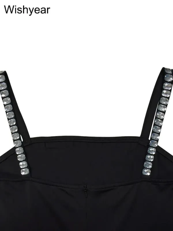 Pleasures and Sins Sexy Backless Rhinestone Jumpsuit with Gloves
