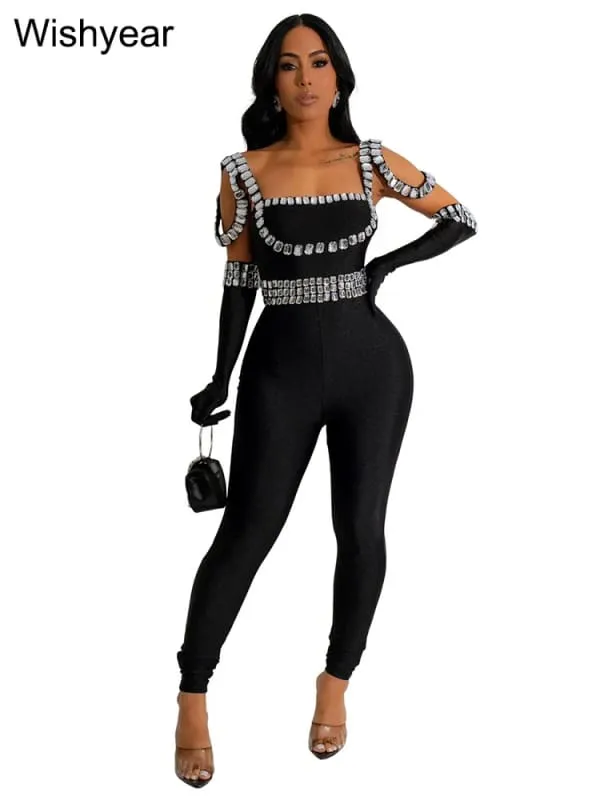 Pleasures and Sins Sexy Backless Rhinestone Jumpsuit with Gloves