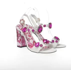 Porcelain Print Embellished Chunky Heel Sandals