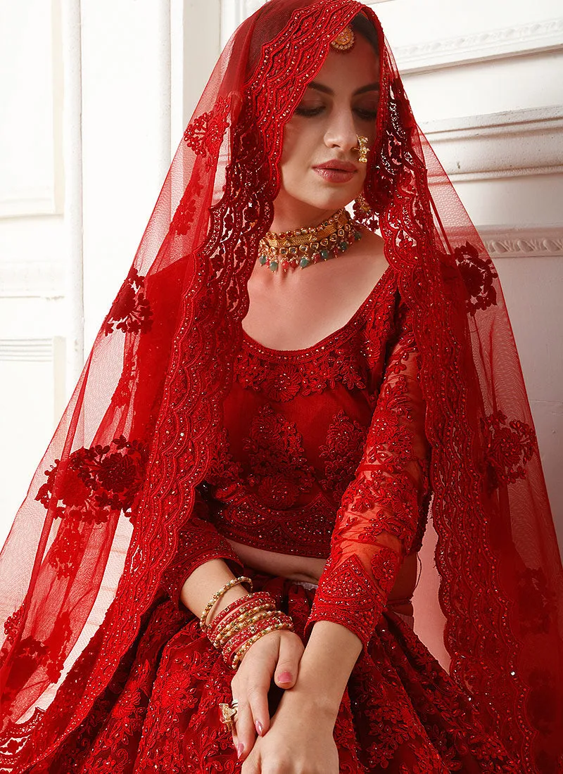 Red Bridal Pearl Embroidered Wedding Lehenga Choli