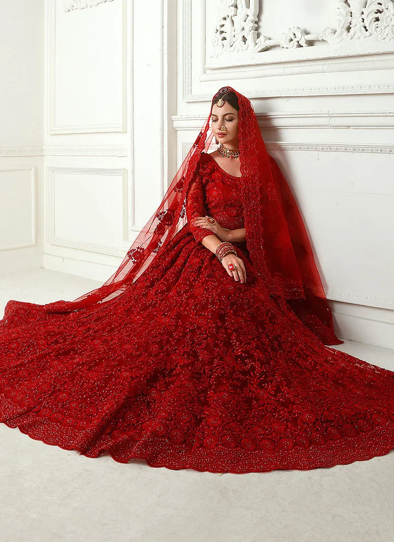 Red Bridal Pearl Embroidered Wedding Lehenga Choli
