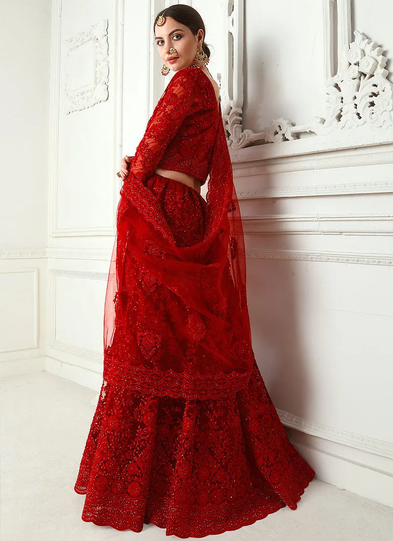 Red Bridal Pearl Embroidered Wedding Lehenga Choli