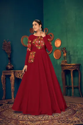 Red Embroidered Georgette Evening Long Gown Semi Stitched