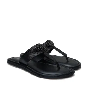 Saffiano T-Strap Black Slide-in Slipper