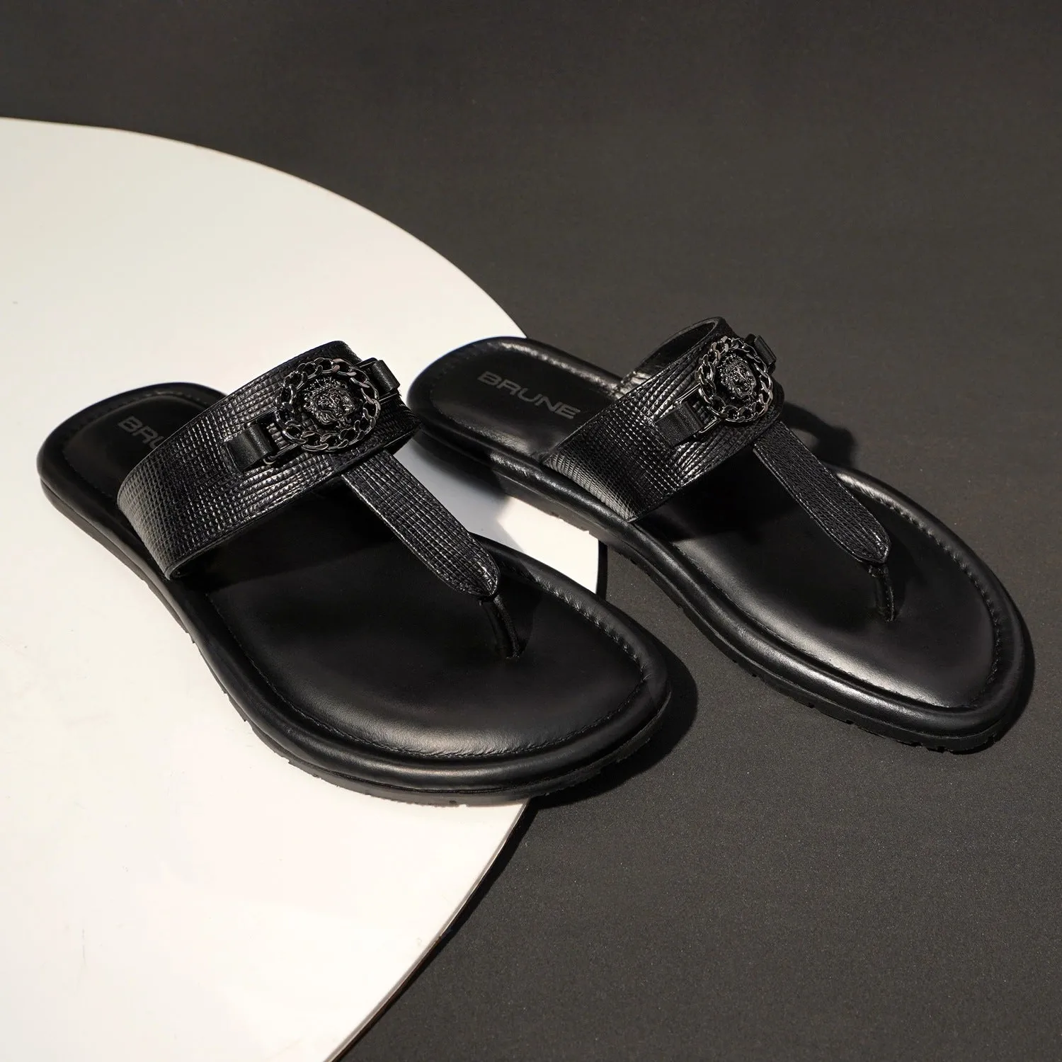 Saffiano T-Strap Black Slide-in Slipper