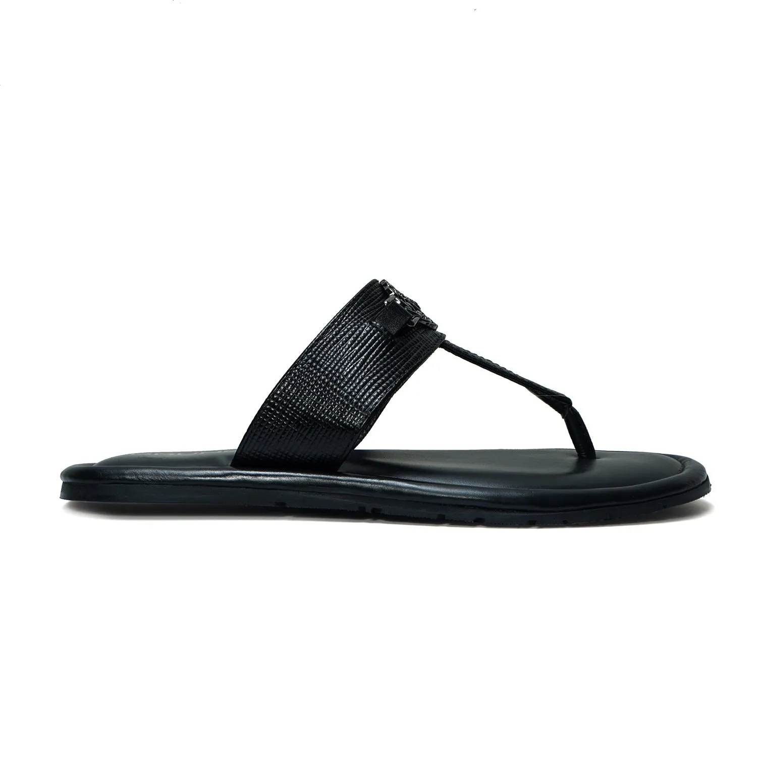 Saffiano T-Strap Black Slide-in Slipper