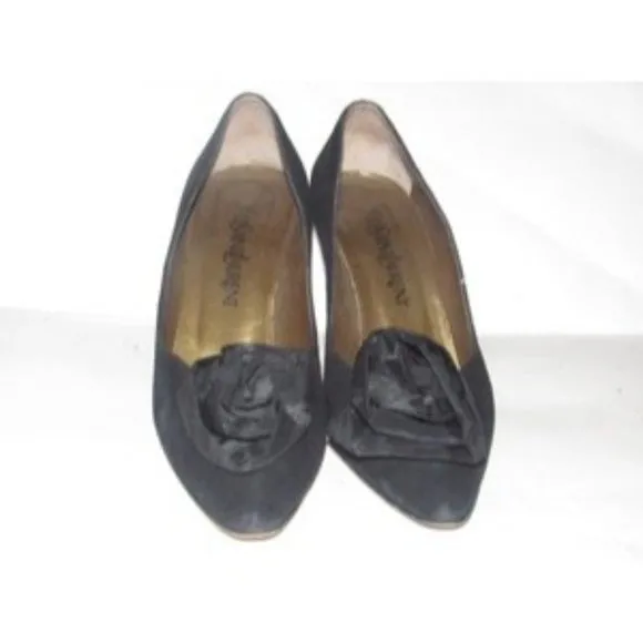 Saint Laurent Vintage Mod Black Suede Heels w Chiffon Rose