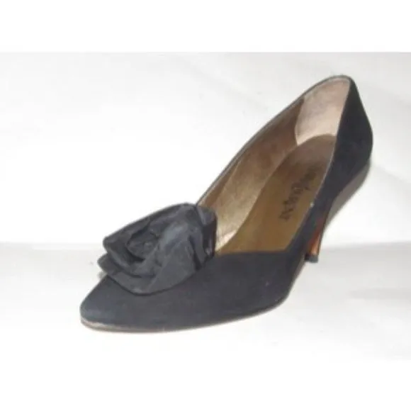 Saint Laurent Vintage Mod Black Suede Heels w Chiffon Rose