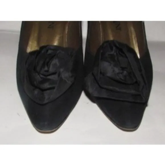 Saint Laurent Vintage Mod Black Suede Heels w Chiffon Rose