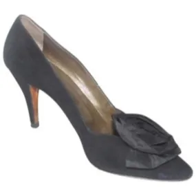 Saint Laurent Vintage Mod Black Suede Heels w Chiffon Rose