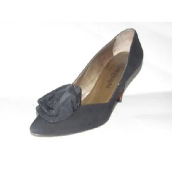 Saint Laurent Vintage Mod Black Suede Heels w Chiffon Rose