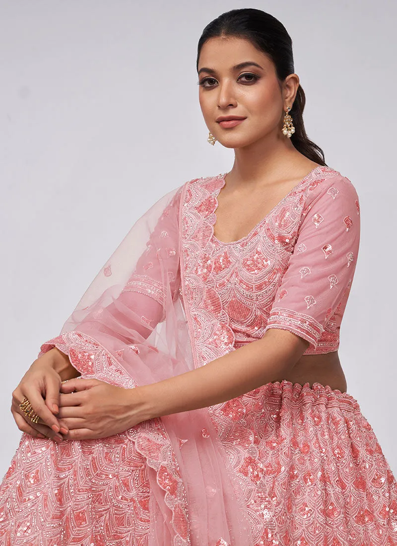 Salmon Pink Sequence Embroidery Wedding Lehenga Choli