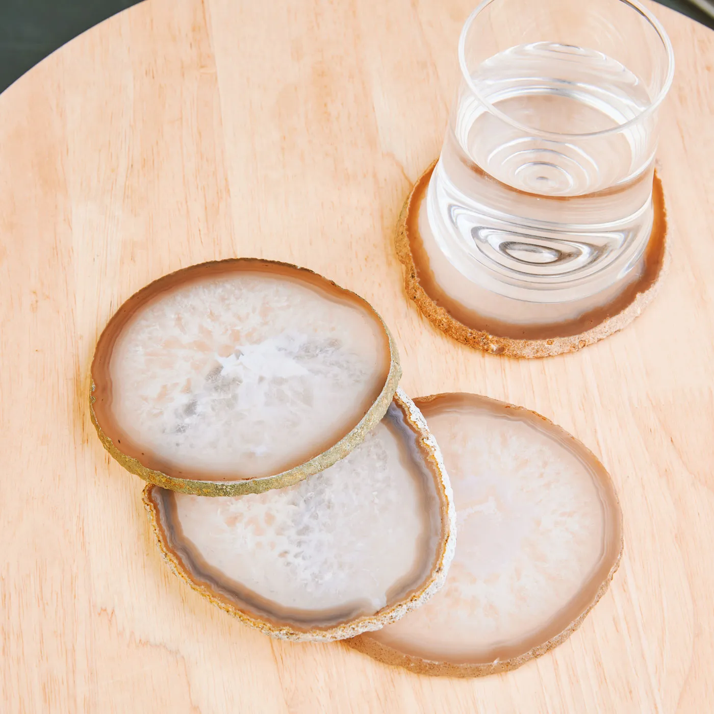 Set of 4 Natural Brazilian Agate Drink Coasters with Wood Holder - Natural
