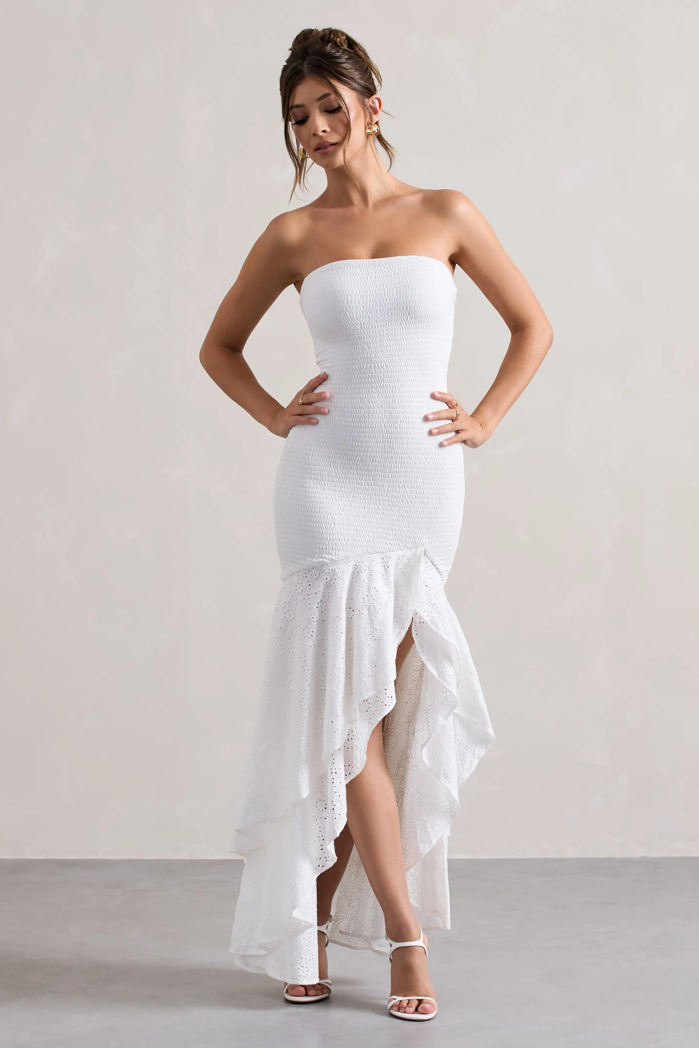 Solange | White Broderie Bandeau High-Low Maxi Dress