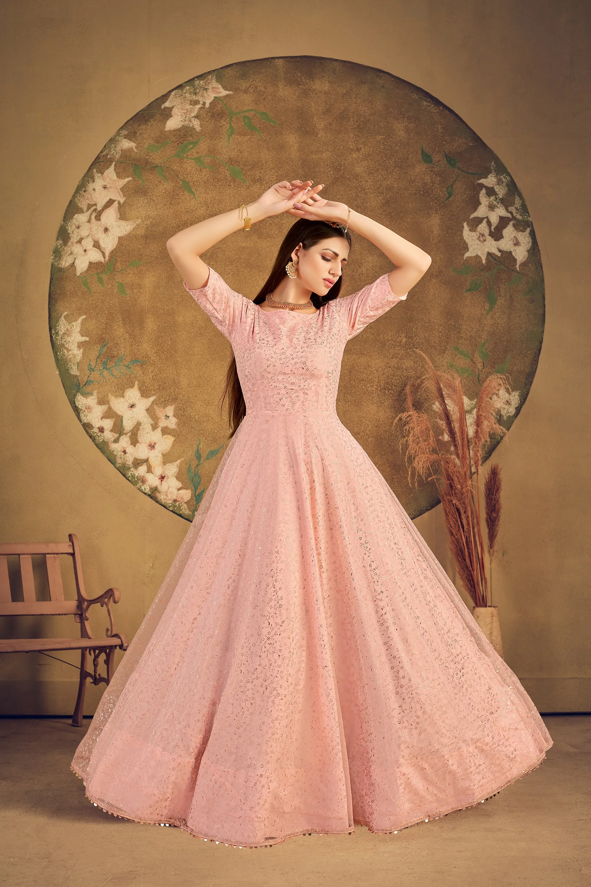 Stunning Peach Color Soft Net Base Fancy Work Designer Gown