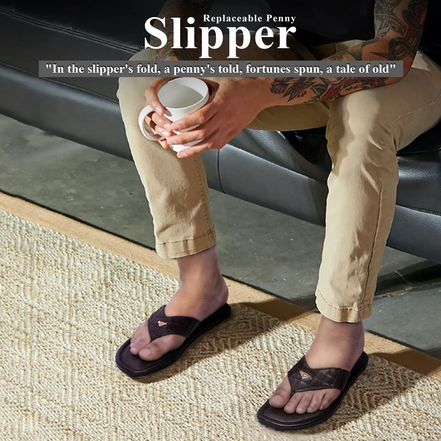 V-Strap Replaceable Lion Penny Slipper in Dark Brown Leather