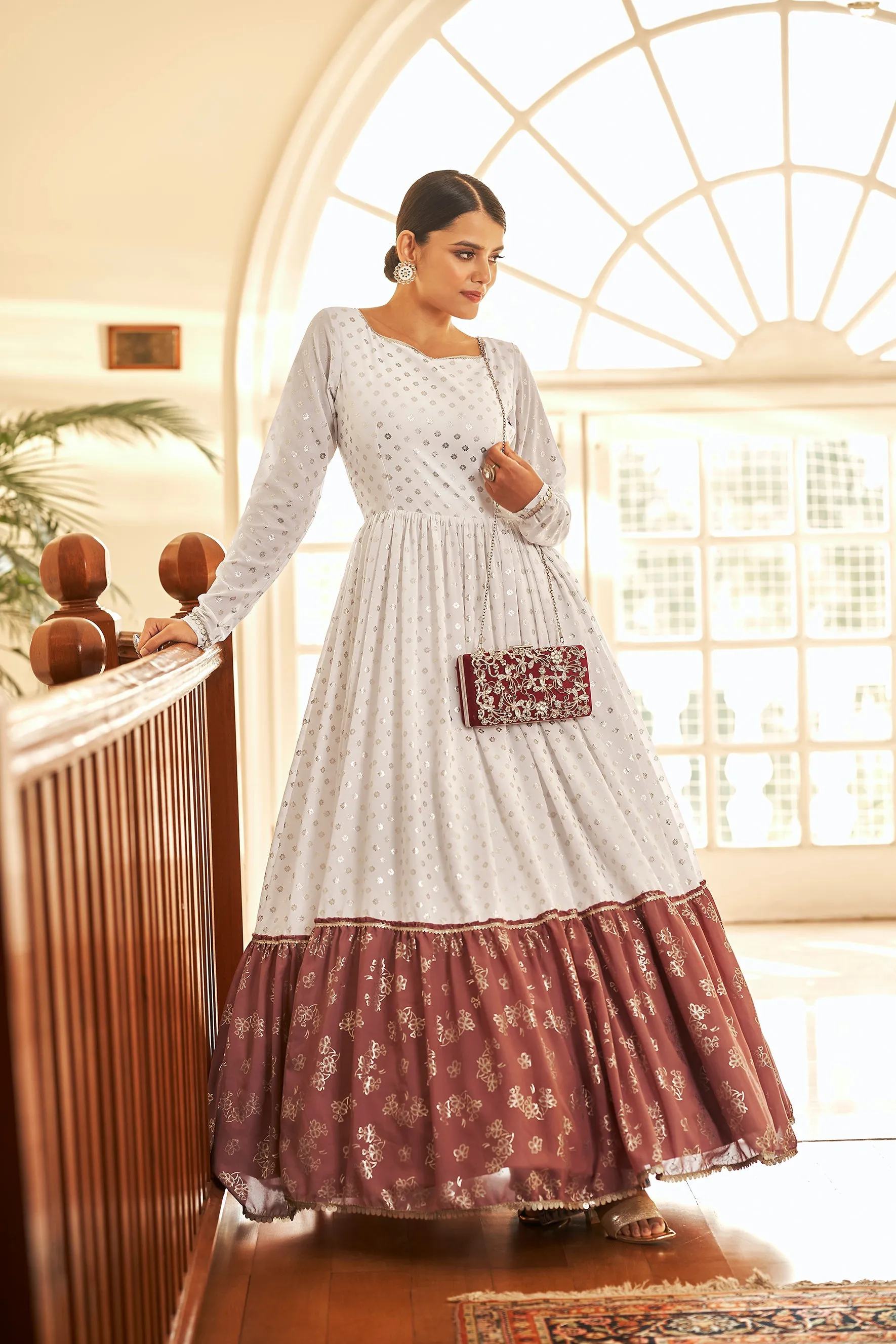 White & Brown Metallic Foilage Print Georgette Anarkali Long Gown Semi Stitched