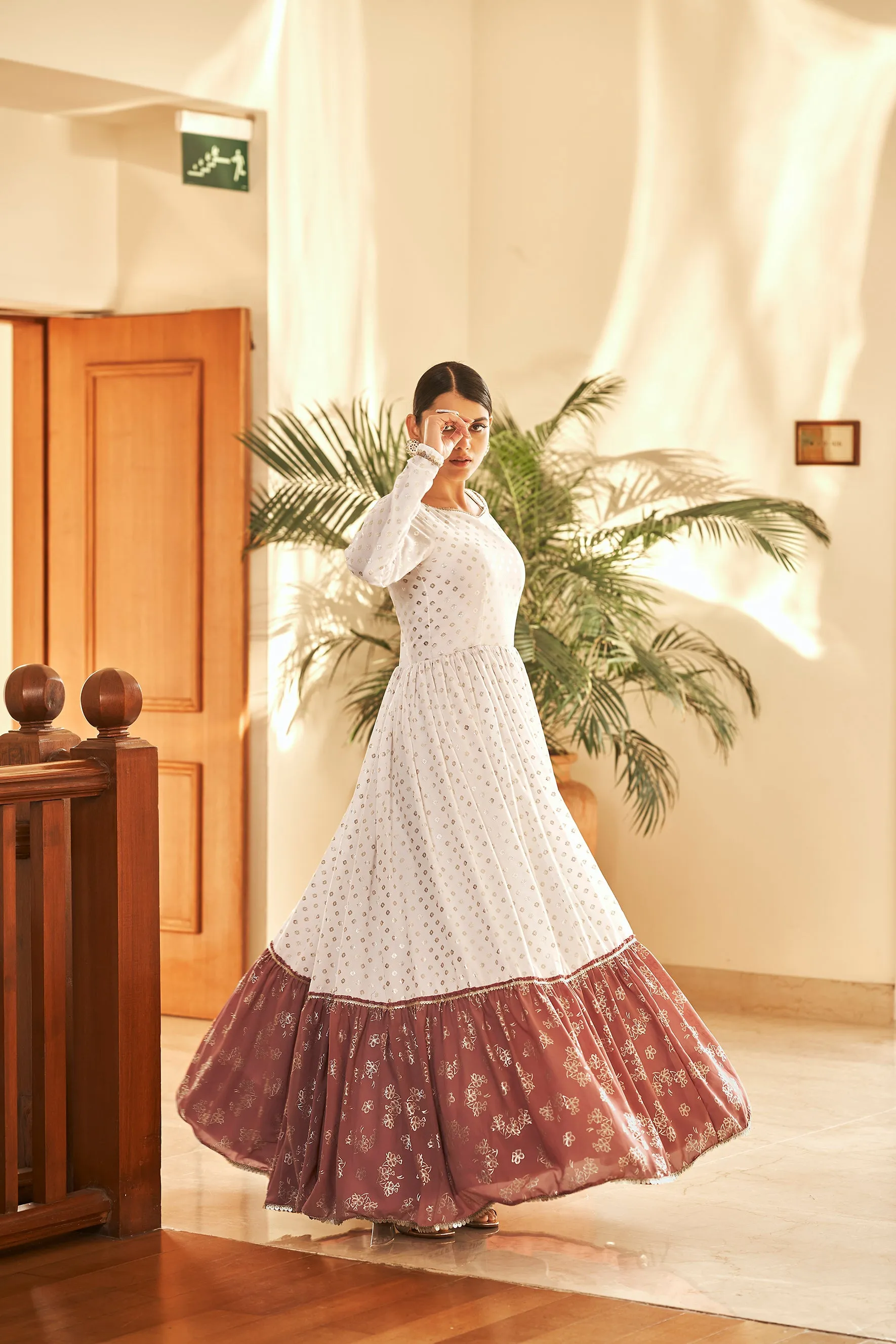 White & Brown Metallic Foilage Print Georgette Anarkali Long Gown Semi Stitched