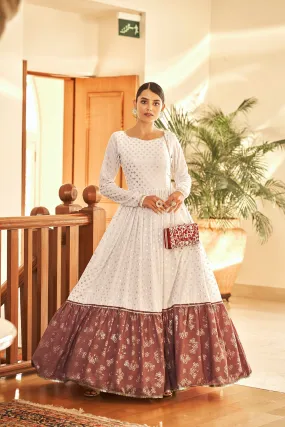 White & Brown Metallic Foilage Print Georgette Anarkali Long Gown Semi Stitched